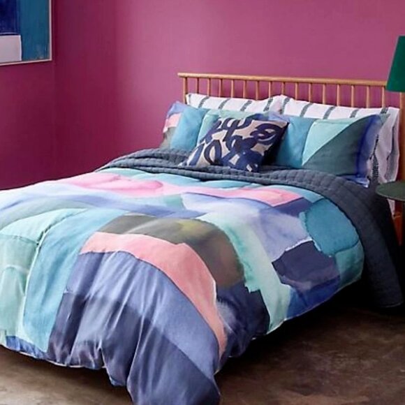 Bluebellgray Queen Duvet Cover Set 3-Piece Blue Abstract Cotton Bedding - Picture 2 of 7